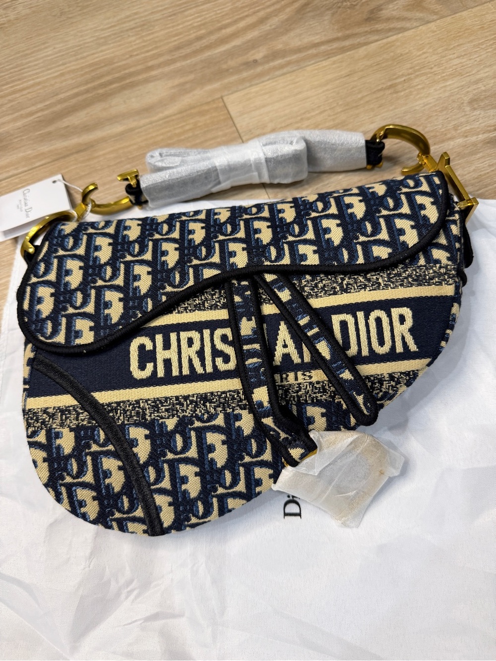 Navy & Beige Saddle Bag with Logo Jacquard